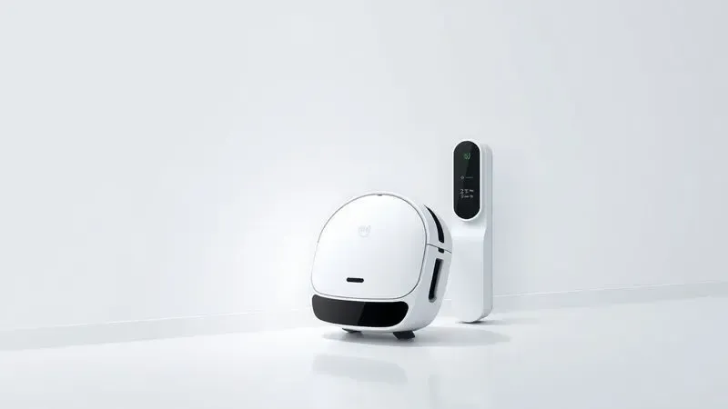 Desenho digital de um robô aspirador minimalista se conectando a uma base de carregamento na parede.