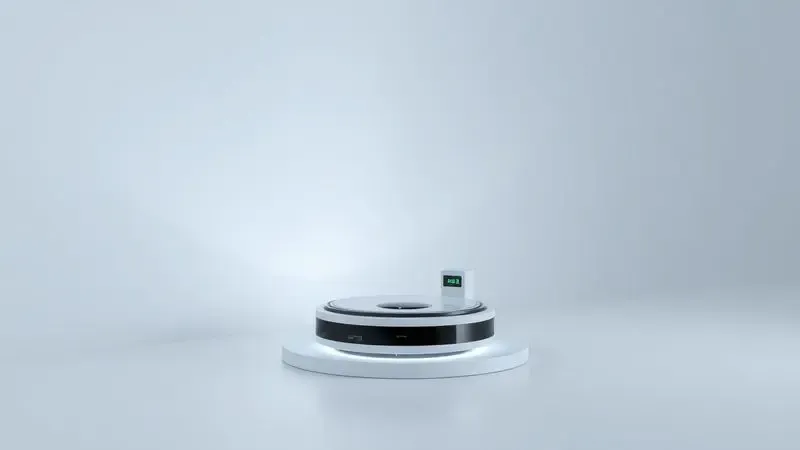 Ilustração conceitual de um robô aspirador retornando para sua base de carregamento em um ambiente iluminado.