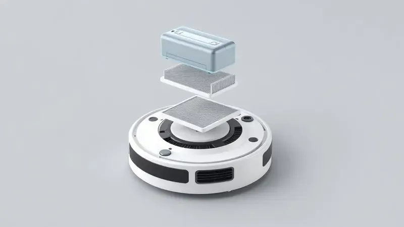Ilustração 3D conceitual mostrando os componentes internos e o sistema de filtragem de um robô aspirador moderno.