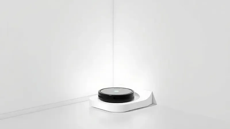 Renderização 3D de uma estação de carregamento e limpeza automática para robô aspirador em ambiente minimalista.