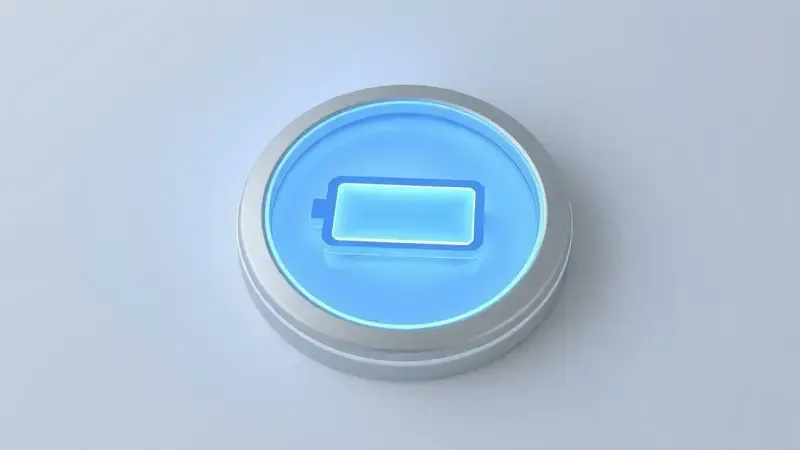 Ilustração 3D de um ícone de bateria brilhante dentro de um dispositivo circular, simbolizando a saúde e longevidade da carga.